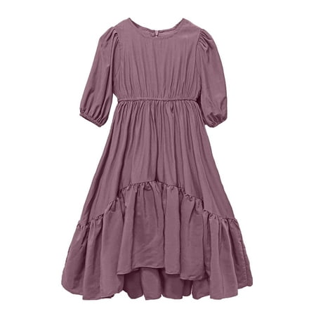 

CLZOUD Modern Fitted Dress for Girls Purple Cotton Kids Toddler Baby Girls Spring Summer Solid Ruffle Short Sleeve Princess Dress 4Y