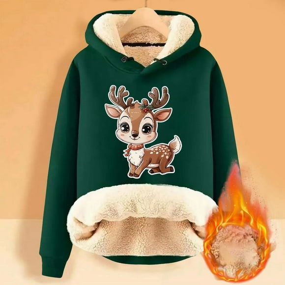 WILLBEST essentials hoodie New Fashionable Autumn and Winter Christmas Cute Deer Print Velvet Thickened Warm Solid Color Color Cardigan Women's Hooded Sweatshirt  cropped hoodie