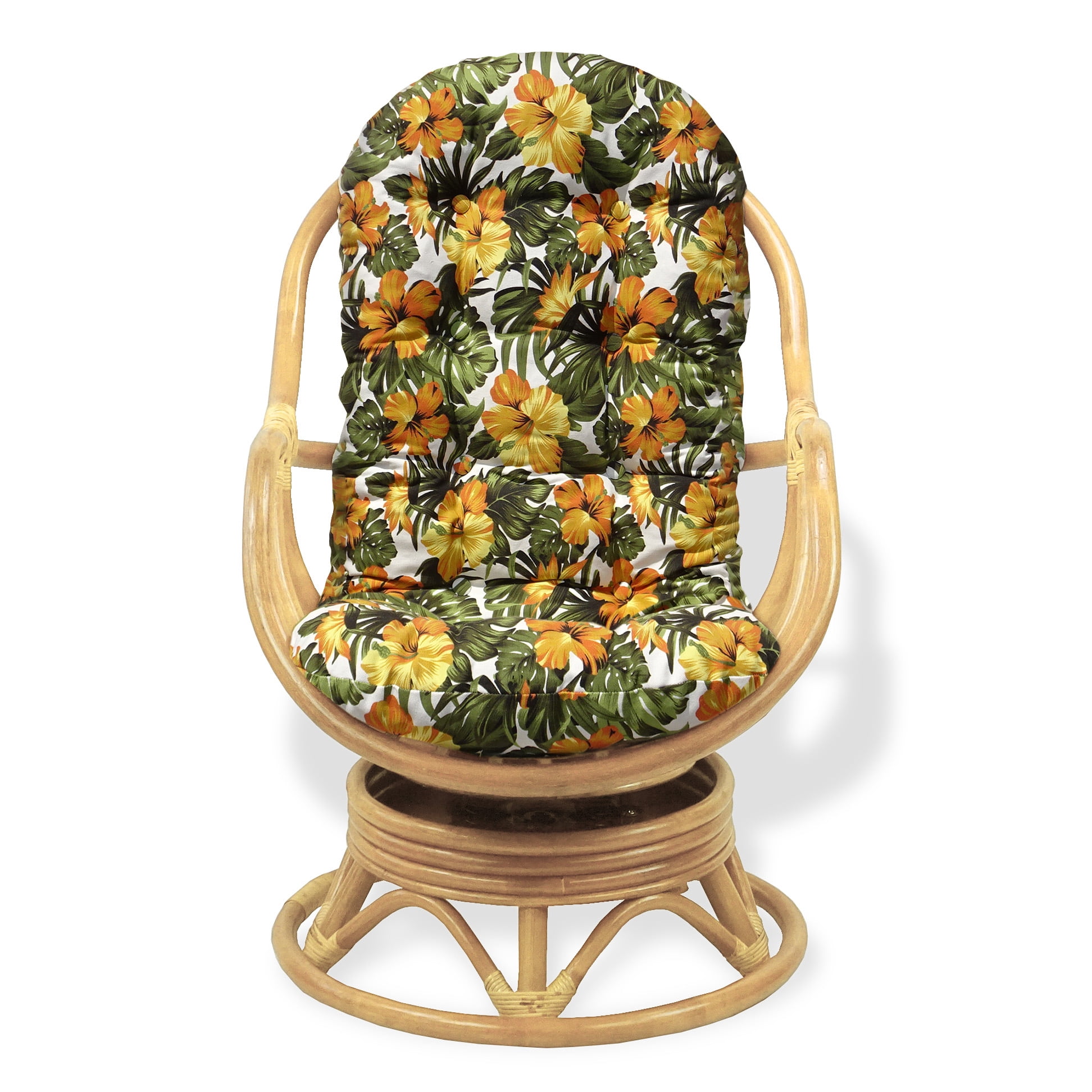 Bali Lounge Swivel Rocking Chair with Floral Cushion Natural Rattan Wicker Handmade, Natural Color