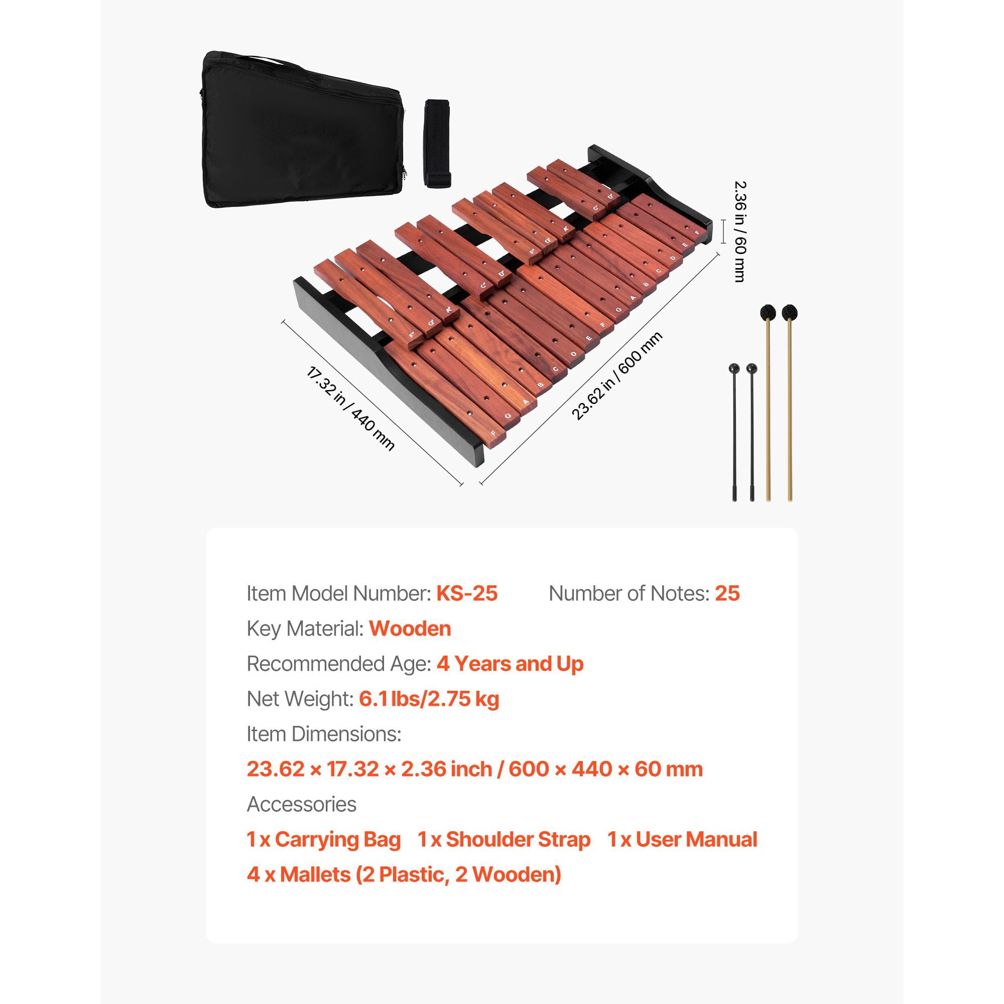 25 Notes Wooden Professional Xylophone Percussion Instrument, with 4 Mallets, Carrying Bag, Beginner Glockenspiel Musical Instrument Kit for Adults and Kids Students
