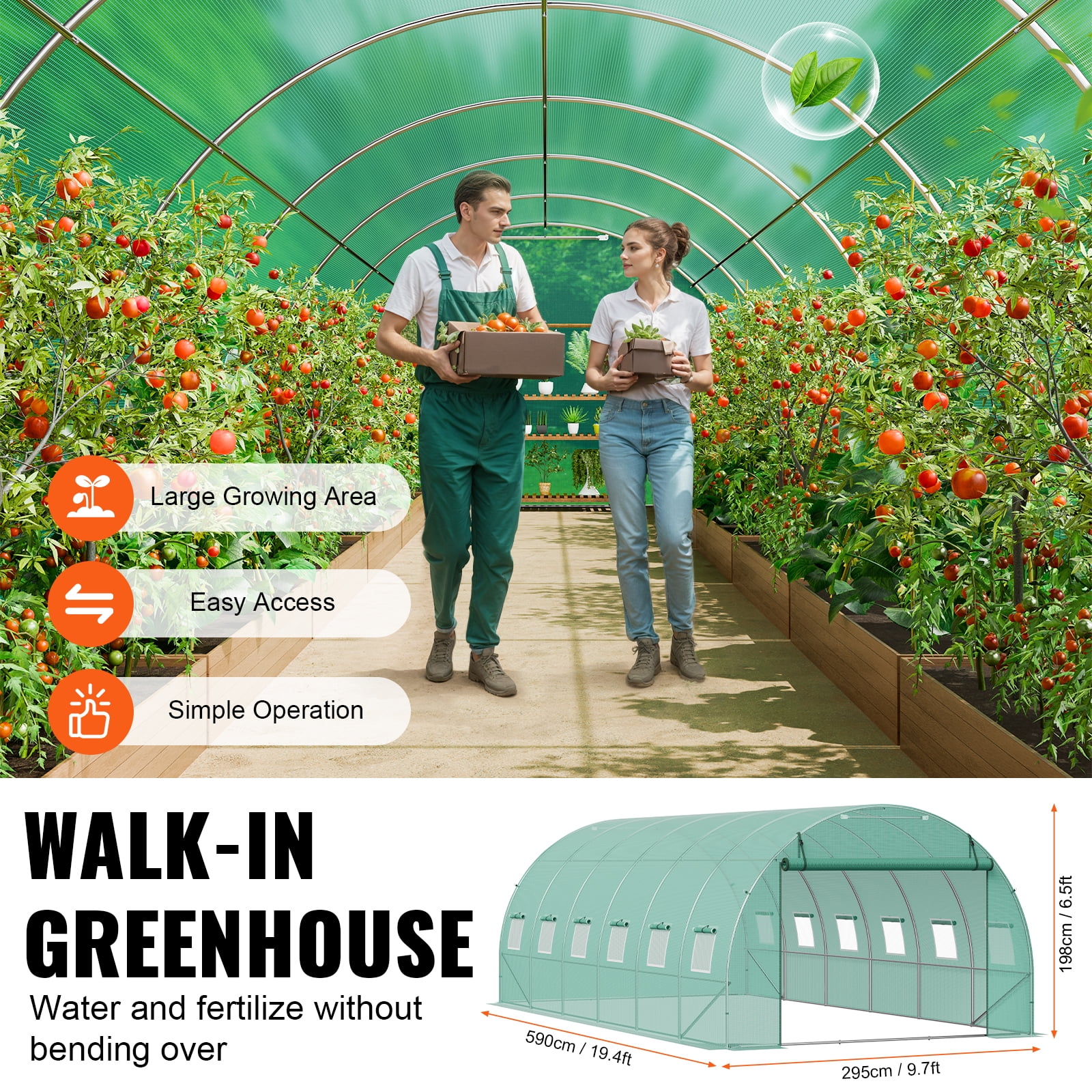 KFFKFF Walk-in Tunnel Greenhouse, 19.4x9.7x6.5 ft Hoop House with Galvanized Steel Frame, Green PE Cover, Roll-up Zipper Door, and 12 Ventilation Windows for Outdoor Gardening