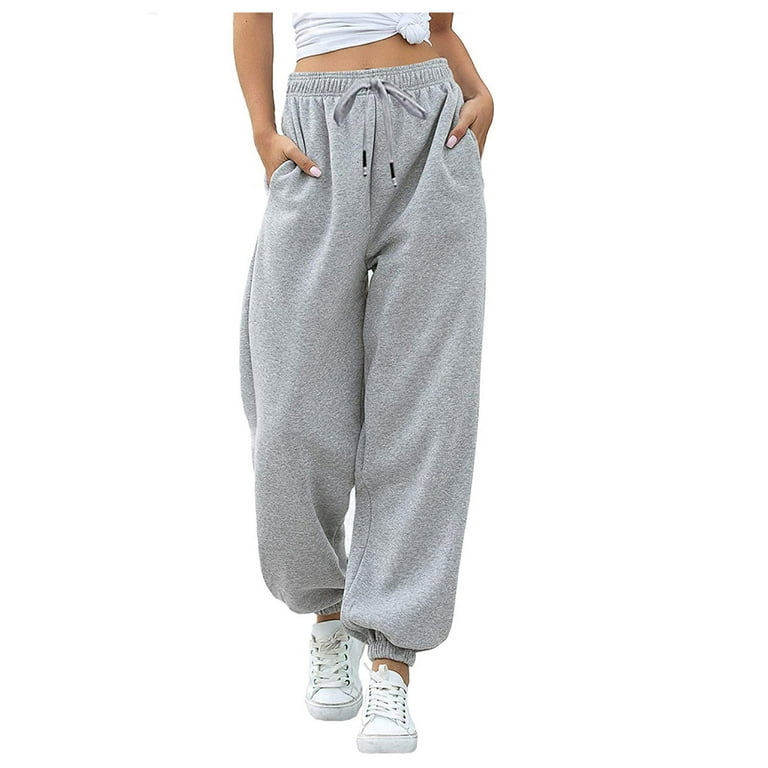 VSSSJ Women's Baggy Sweatpants Loose Fit Solid Color Drawstring Elastic  Waist Straight Long Pants Casual Gym Workout Jogging Trousers Gray S