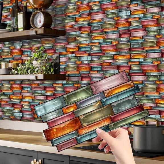 12Pcs Waterproof Peel and Stick Tiles Stickers 4.72 x 9.68inch Multicolor Mosaic Brick DIY Wall Decals Self Adhesive Backsplash Kitchen Decor