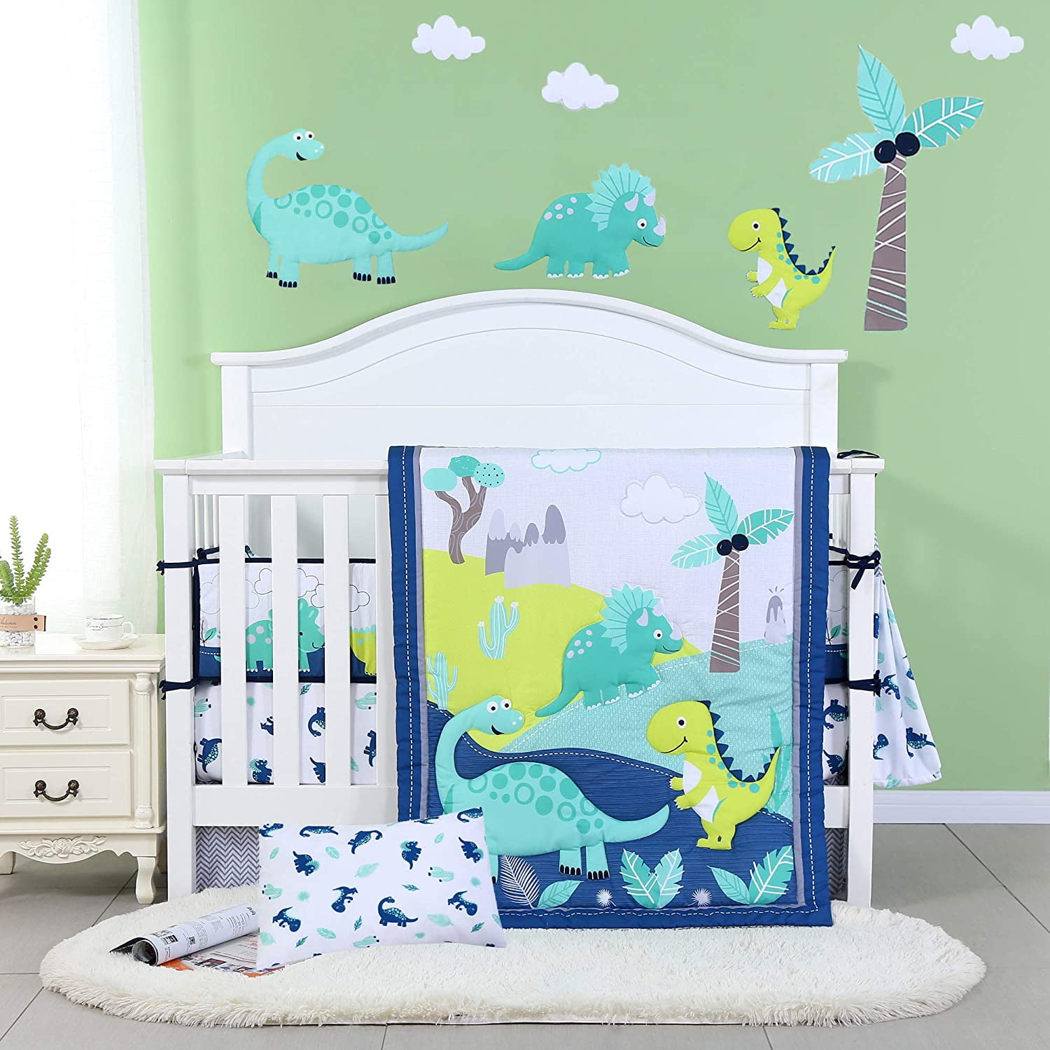 JISEN 3 Piece Microfiber Crib Bedding Set Crib Quilt Crib Sheet Pillowcase for Baby Boys Dinosaur