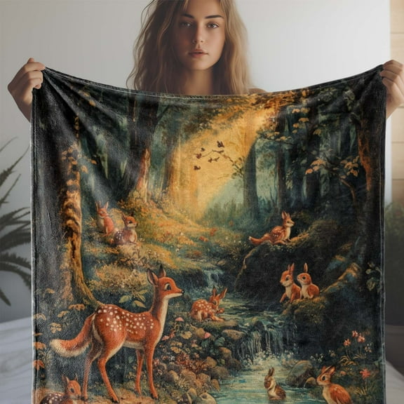 Vintage Forest Deer Animal Print Flannel Throw Blanket, Soft, Cozy, Comfortable, Digital Print Polyester Knit, with All-Season Gift Throw for Sofa, Bed, Office, Camping, Travel