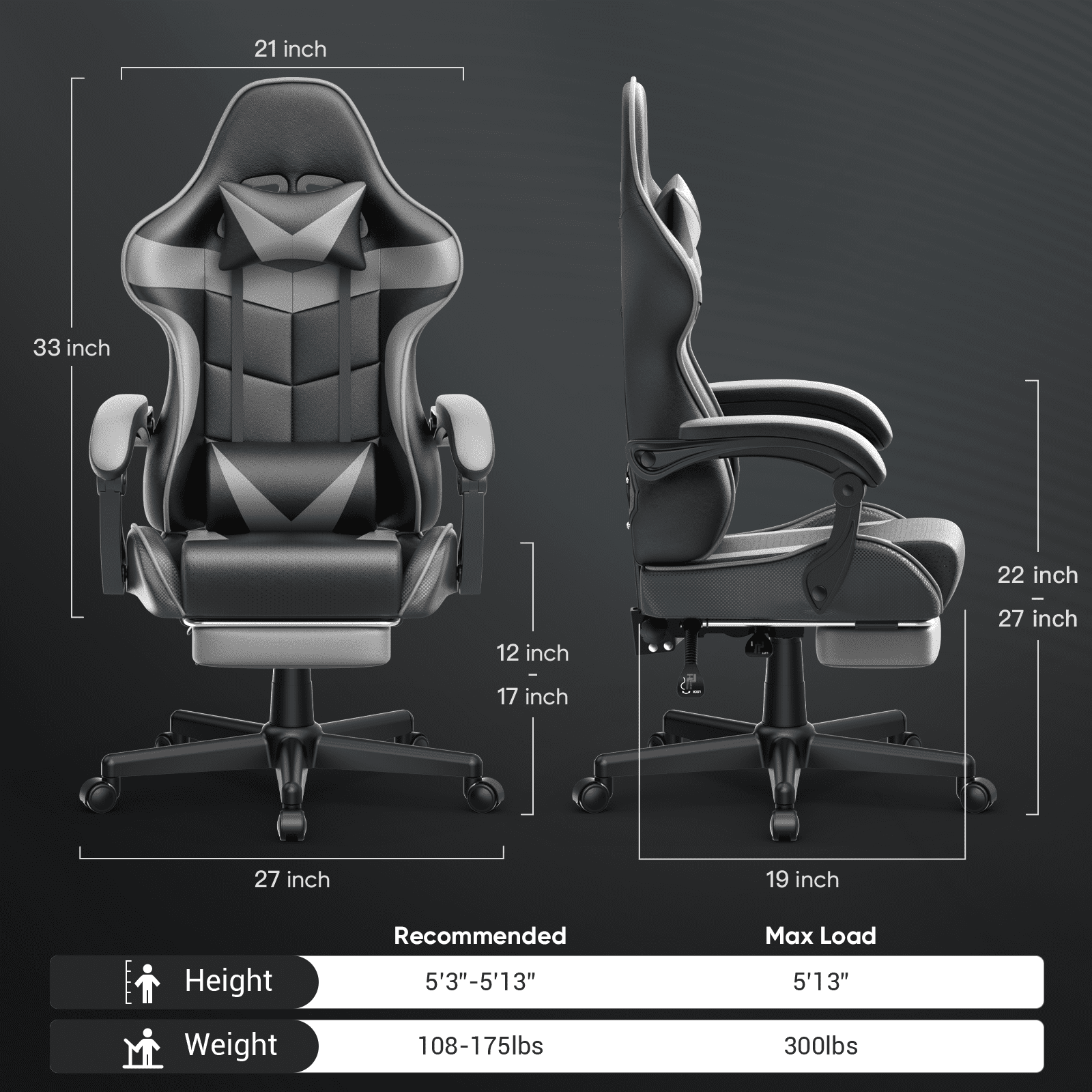 Soontrans Ergonomic Leather Gaming Chair with Lumbar Support and Headrest, Gray