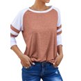 thumbnail image 3 of Women Crew Neck Long Sleeve Stripe Splice Colorblock Blouse, 3 of 10