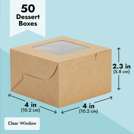 50 Pack 4x4x2.5 Mini Dessert Boxes with Window for Bakery - Baked Goods Packaging Containers for Cupcakes, Cookies, Pastry (Kraft Paper)