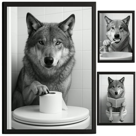 Wolf Bathroom Decor, Wall Art, Farmhouse Photo Picture Set, 3pk, 8.5x11, TheNameStore