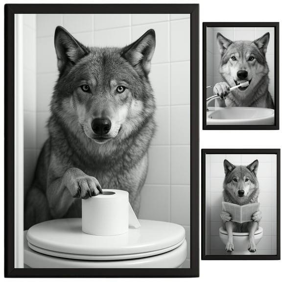 Wolf Bathroom Decor, Wall Art, Farmhouse Photo Picture Set, 3pk, 8.5x11, TheNameStore