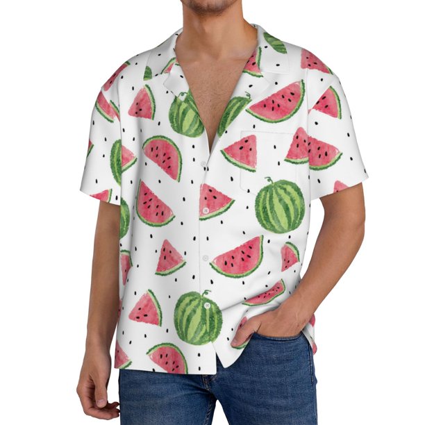 Fotbe Hand Drawn Watermelon Camisa Estampada de Manga Corta para Hombre, Casual de Verano, Estilo Playero, Sin Arrugas-Small