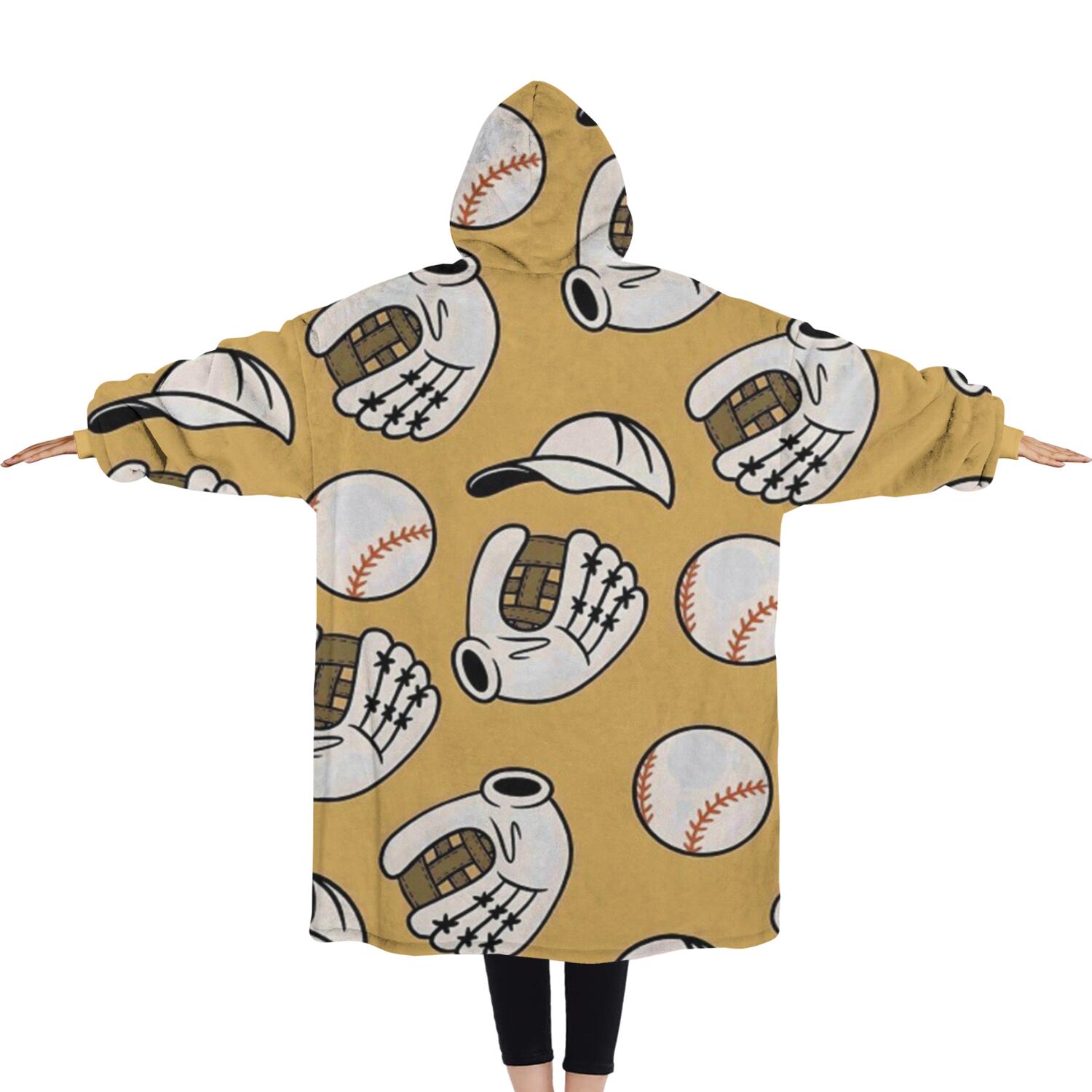 Oversized Wearable Blanket Hoodie,Yellow Baseball Items Pattern Sherpa Blanket Hoodie with Super Pockets,Super Warm Fuzzy Pullover for Women & Men
