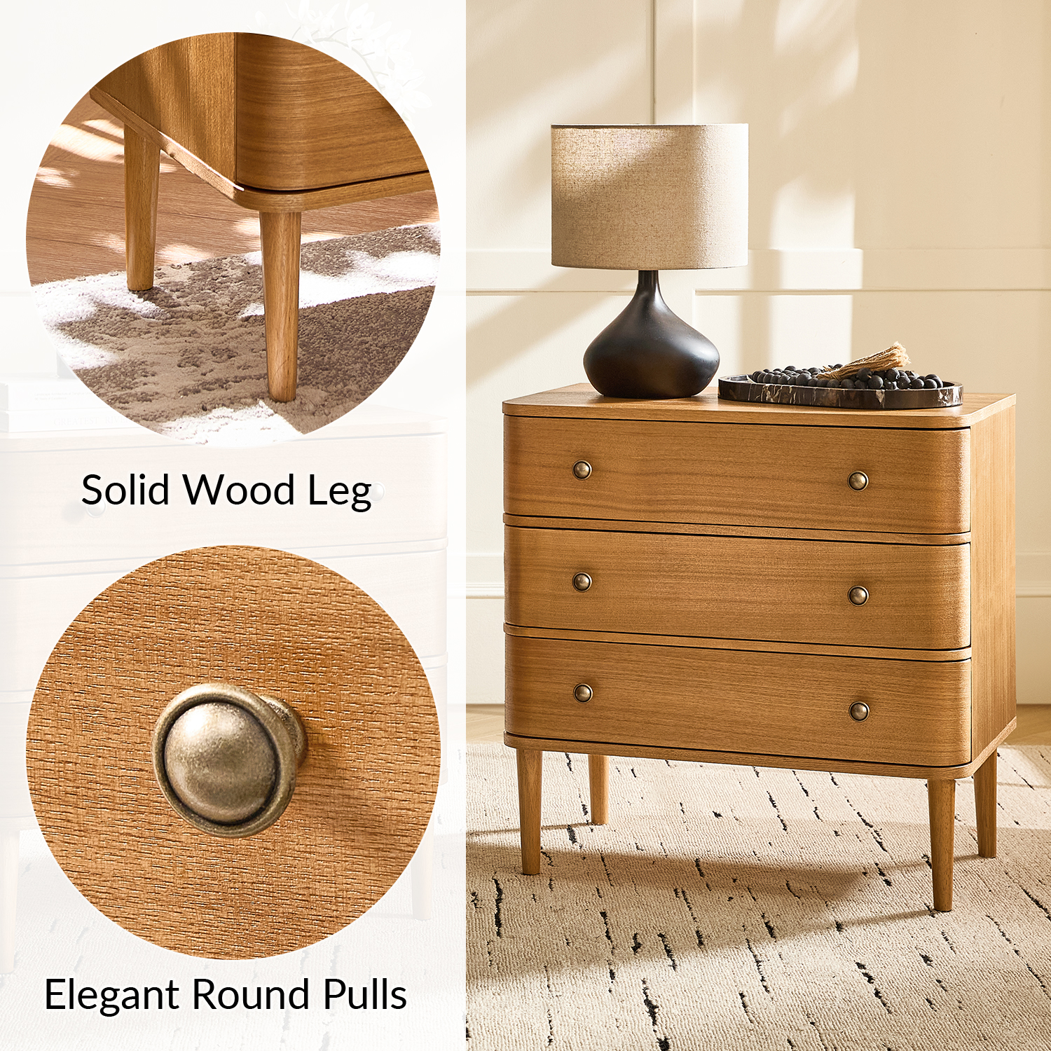 26" Modern 3 Drawers End Table Curved Table with Charging Station for Living Room Oak
