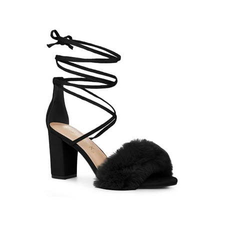 

Allegra K Women s Sandals Chunky Heels Faux Fur Strappy Lace up Sandals