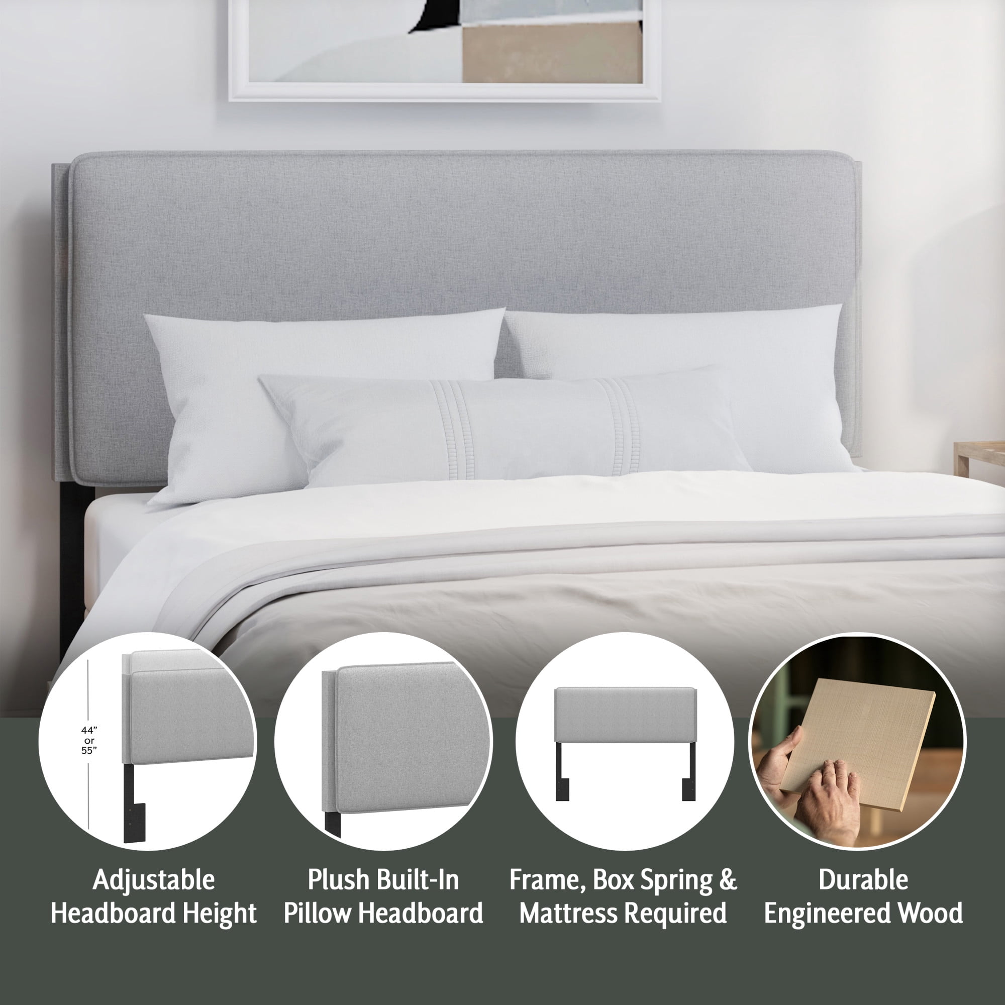 Hillsdale Furniture Emslie Full/Queen Upholstered Adjustable Headboard, Light Gray