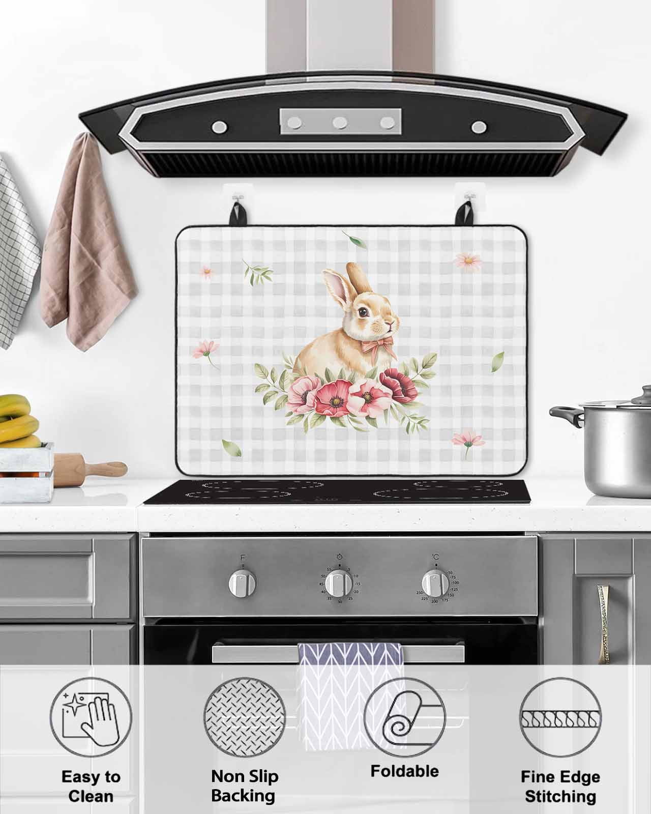Large Induction Cooktop Protector Mat Easter Stove Top Covers for Electric Stove, Spring Watercolor Bunny Flower Leaf Grey Plaid Decorative Stove Burner Cover Mats, Glass Top Stove Cover