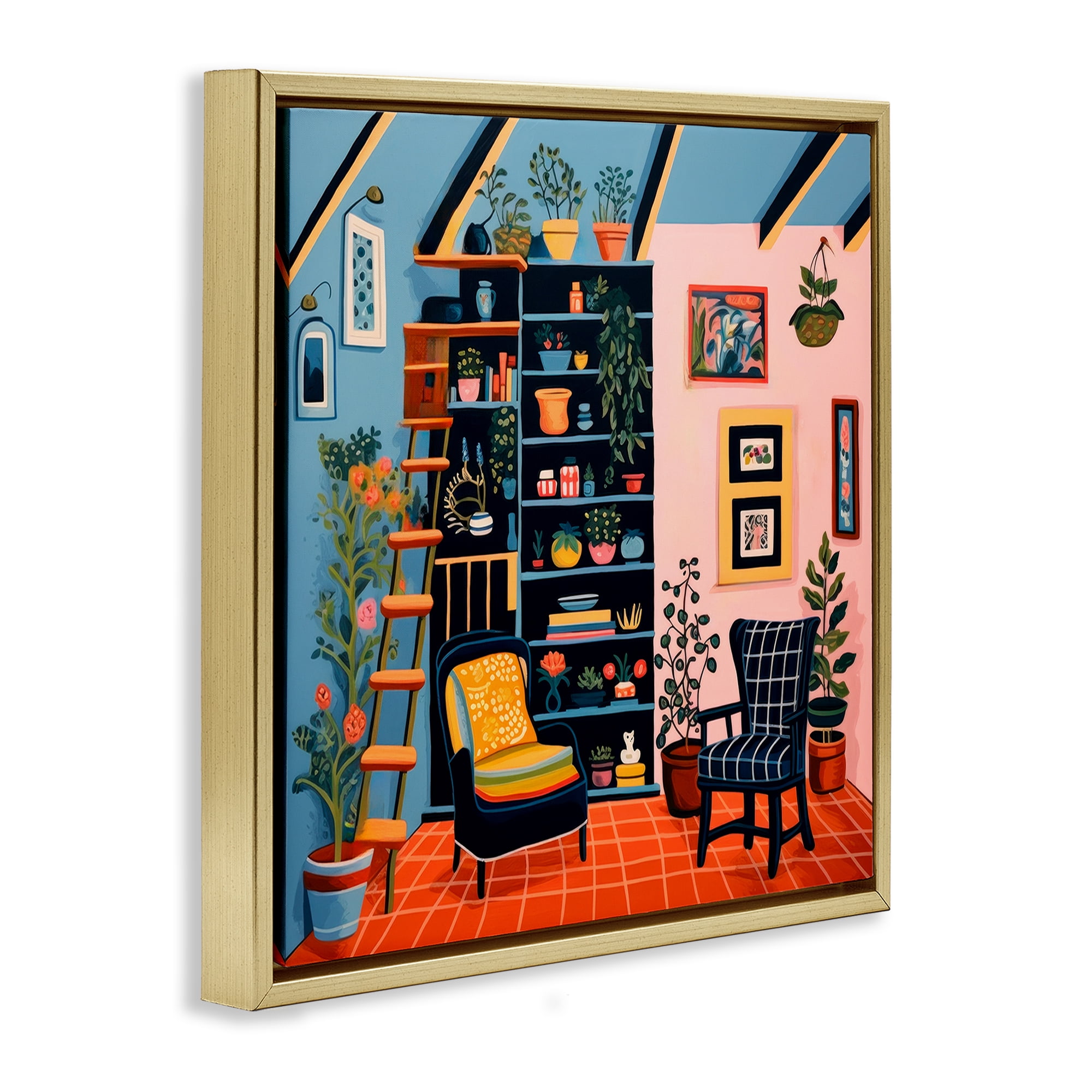Stupell Industries Bookshelf Scene & Plants Furniture Painting Gold Floater Framed Canvas Art Print Wall Art, 18 x 18
