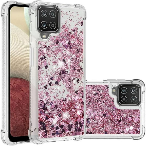 Compatible with Samsung Galaxy A12 Case Glitter Liquid Cute Clear Phone Case Floating Quicksand Shockproof Protective Bumper Silicone Soft TPU Case for Samsung Galaxy A12 5G Love Rose YB