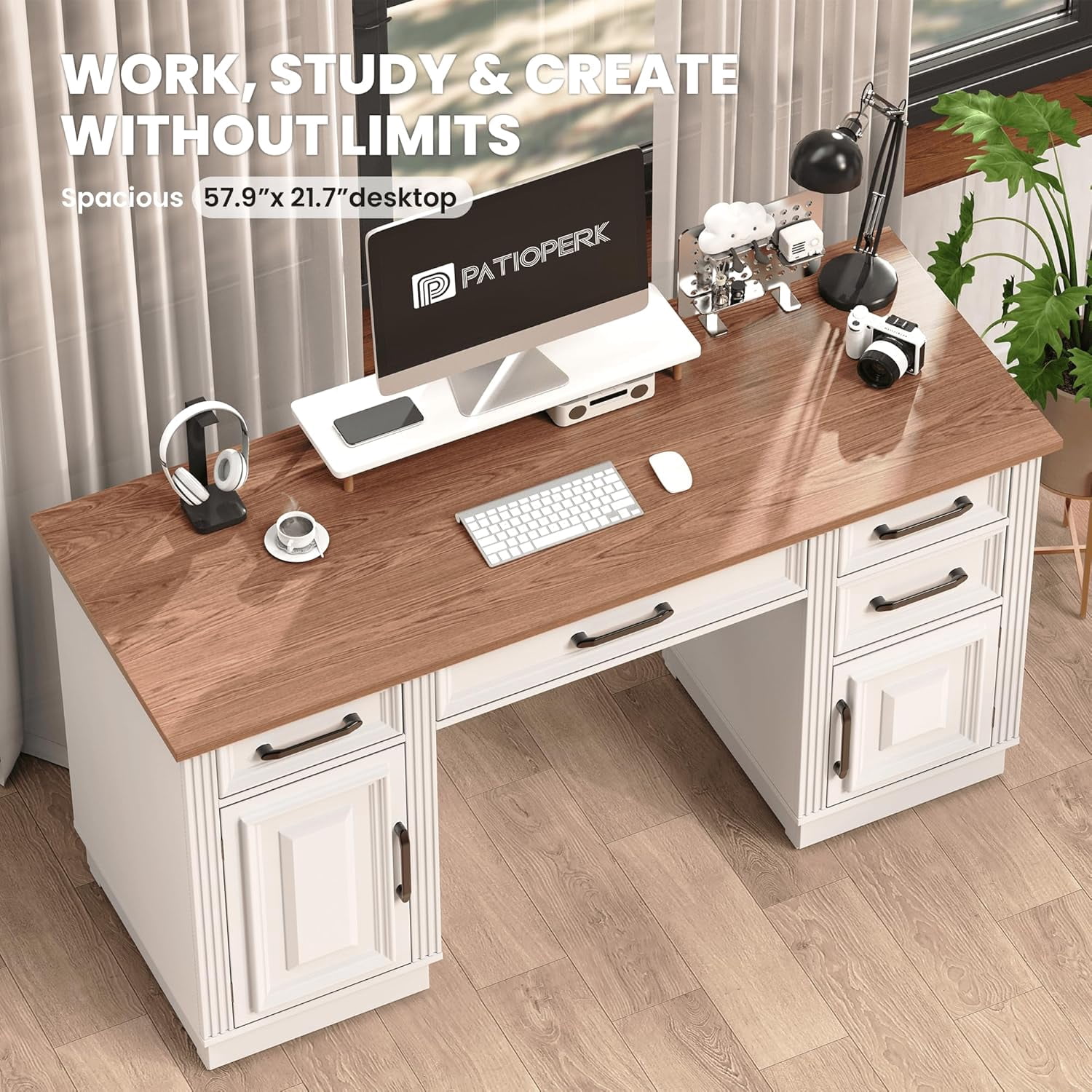 PatioPerk 58" Farmhouse Executive Desk, Wood Home Office Desk with Drawers, Computer Desk with Drawers and Storage Cabinet, Workstation for Office Home, Ivory White