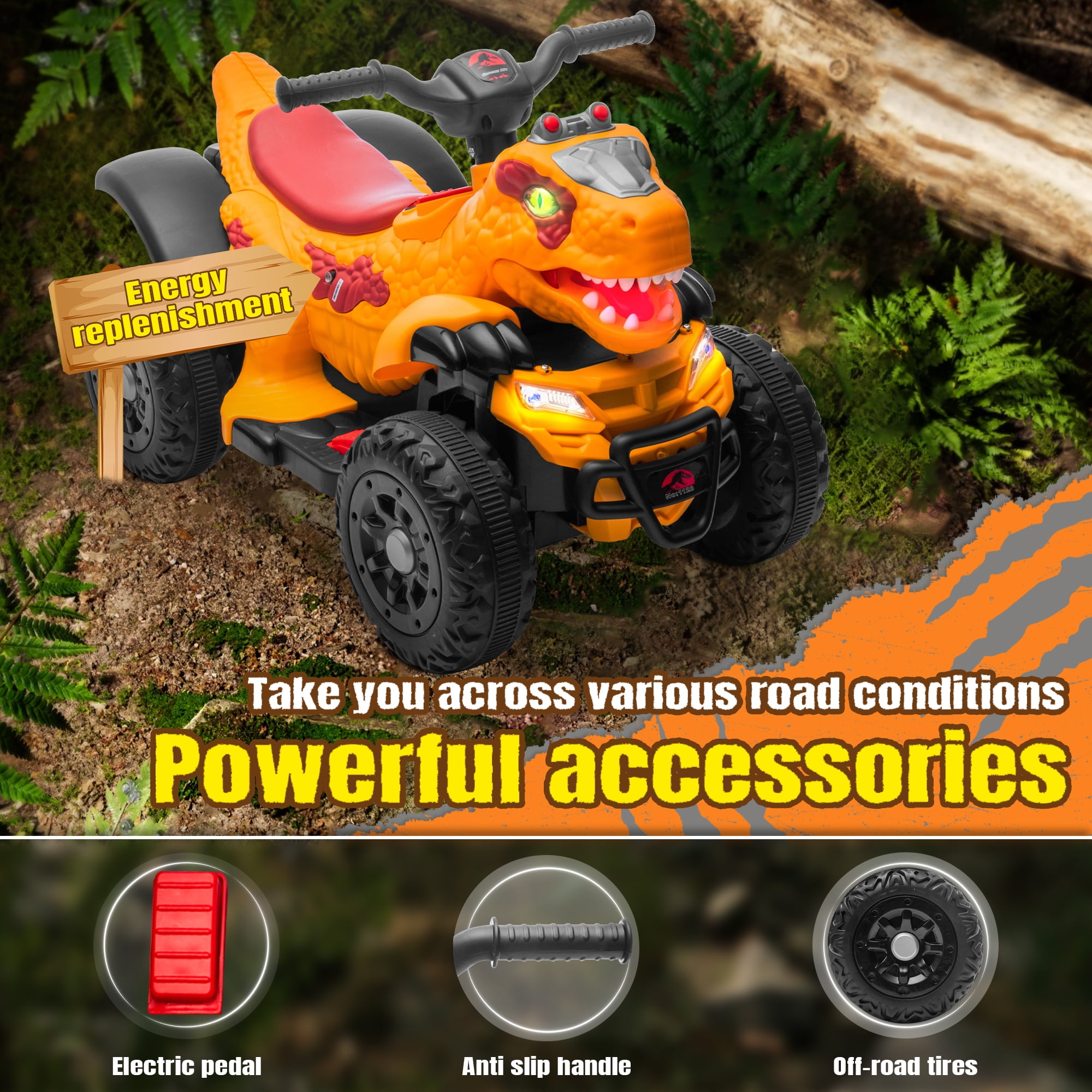 SUSIELADY 12V Kids Dinosaur Ride on ATV, Quad 4 Wheeler Dinosaur Design, Electric Ride on Toy, Music Early Education Function, Power Display, Safe Driving, Outdoor Toy for Boys Girls Aged 2-6, Yellow