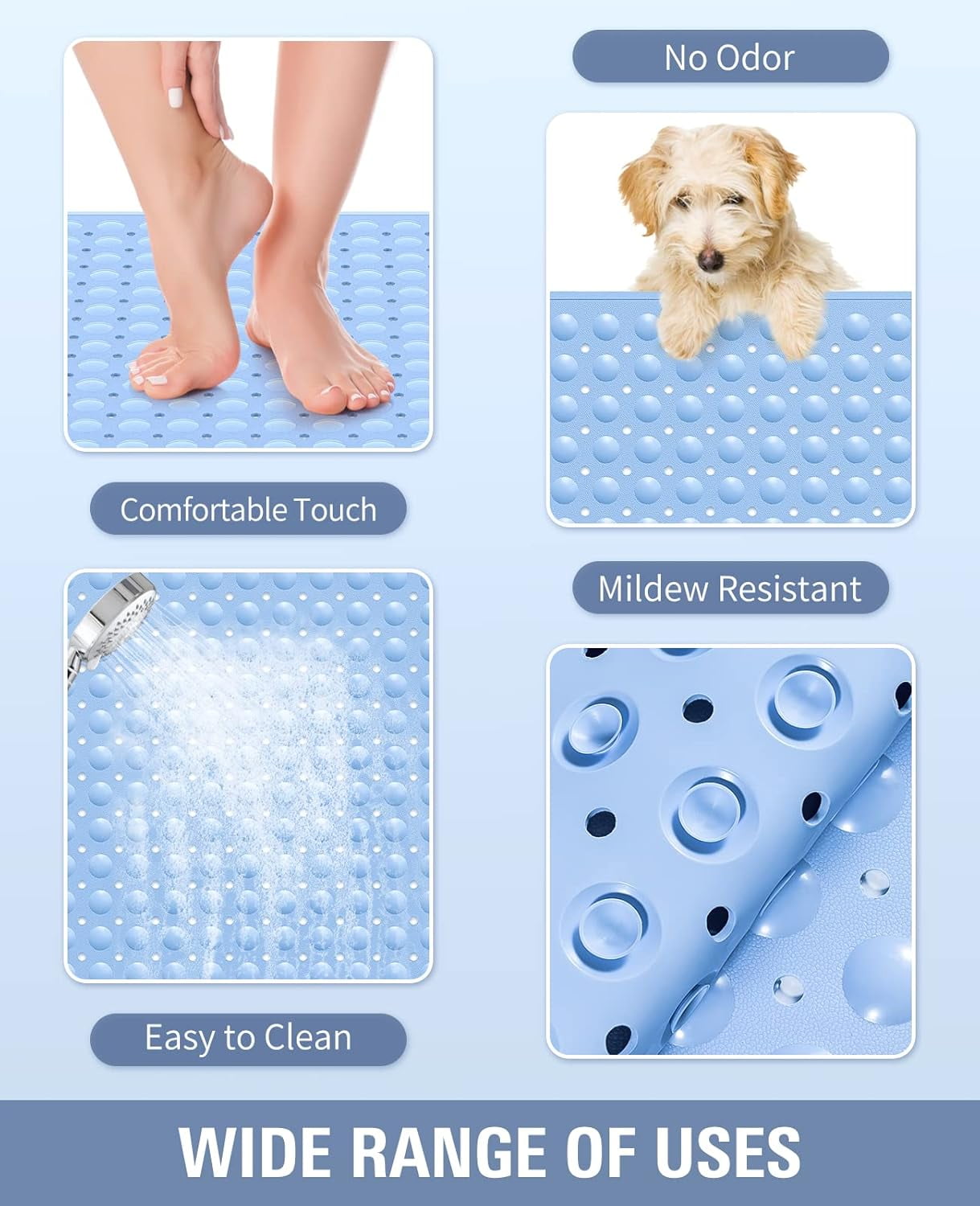 Yolife Extra Large Shower Mat 47.2"x31.5" - TPE Non-Slip Bath Mat/Suction Cups & Drain Holes, Heavy Duty for Shower Stall, Odor-Free,Light Blue