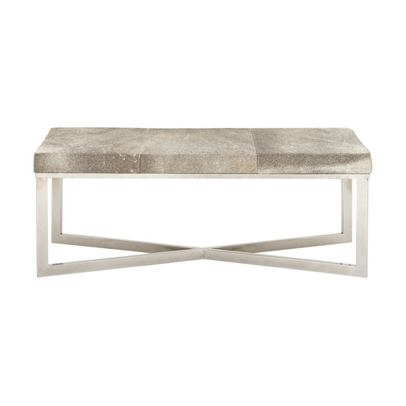 DecMode Leather Handmade Cowhide Bench with Silver Metal Base, Gray