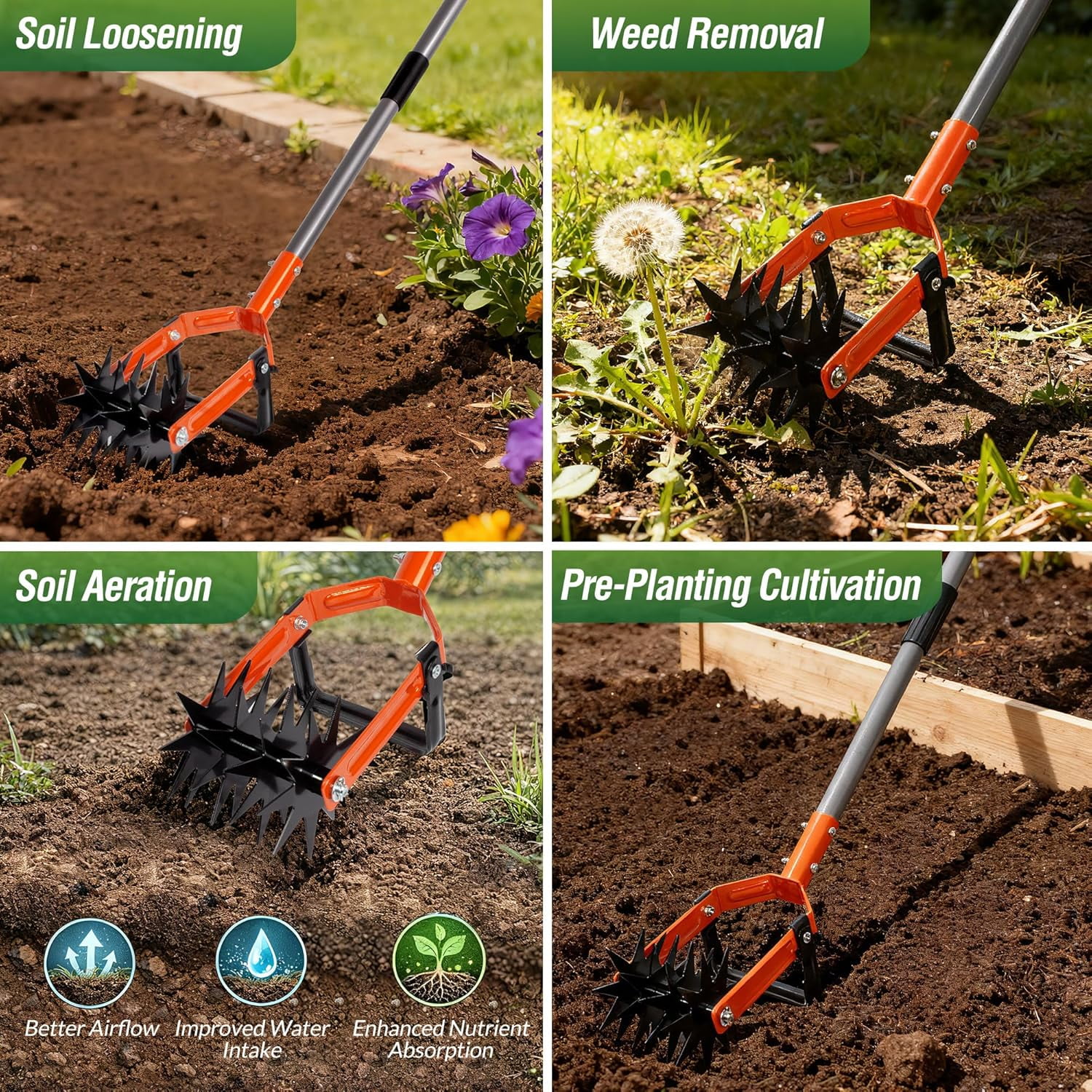 Rotary Cultivator Garden Tool, Adjustable Long Handle Hand Tiller with Star-Shaped Rolling Tines, 2-in-1 Weeder & Soil Aerator for Lawn Care, Reseeding Grass, Mixing, Manual Yard