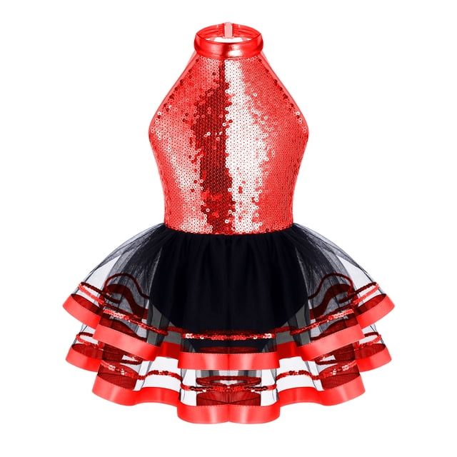 inhzoy Robe de Danse Ballet en Tulle à Sequins pour Filles, Performance Jazz Latine, Rouge 16