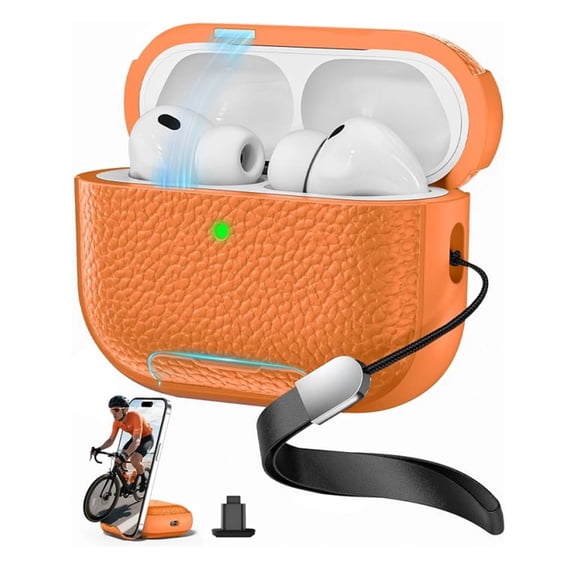 ELEHOLD Protective Case for AirPods 4 2024,Leather Texture Shockproof Slim Fit Magnetic Lock Earphones Charging Cover with Stand   Lanyard ,Orange