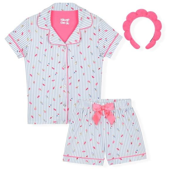 Sleep On It Girls Pajamas Yummy Jersey Coat Front Pajama Short Set - Ice Cream, 10-12
