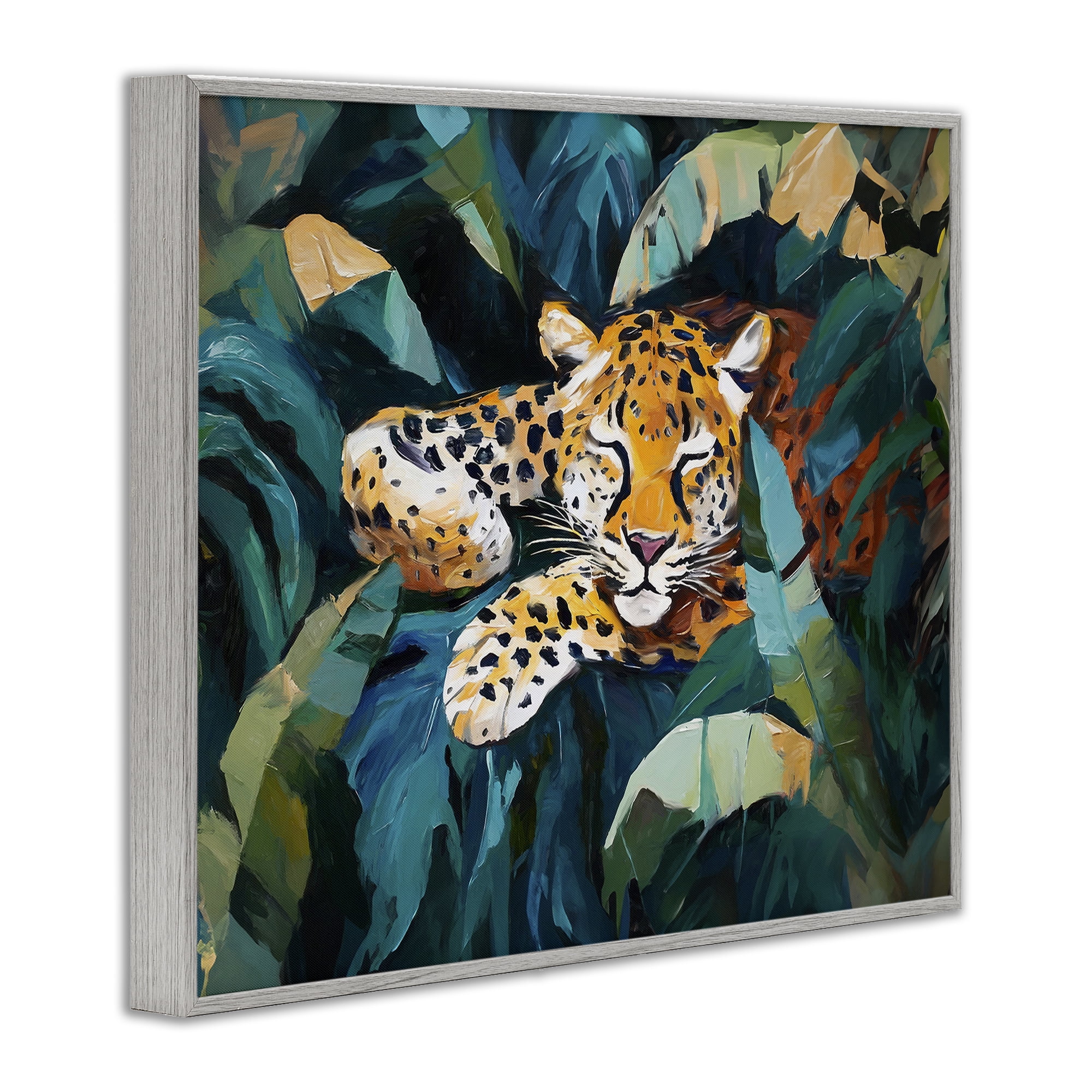 Stupell Industries Leopard Sleeping in Leaves Animals & Insects Painting Gray Framed Art Print Wall Art, 14 x 11