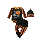 AvoDovA 3Pcs My 1st Halloween for Baby Boy Outfits Set Pumpkin Cartoon Long Sleeve Romper Stripe Trousers Hat Pants Set