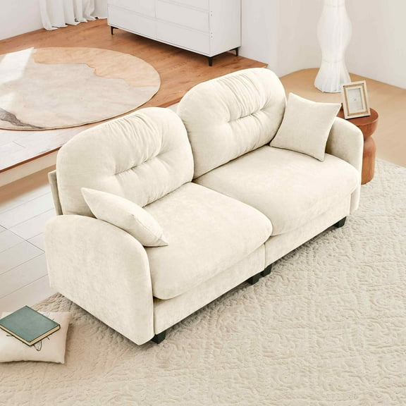 FFH Loveseat Sofa, 74" Cloud Sectional Couches for Living Room, Tufted 2-Seat Chenille Sofa with 2 Pillows, Wooden Base, Beige