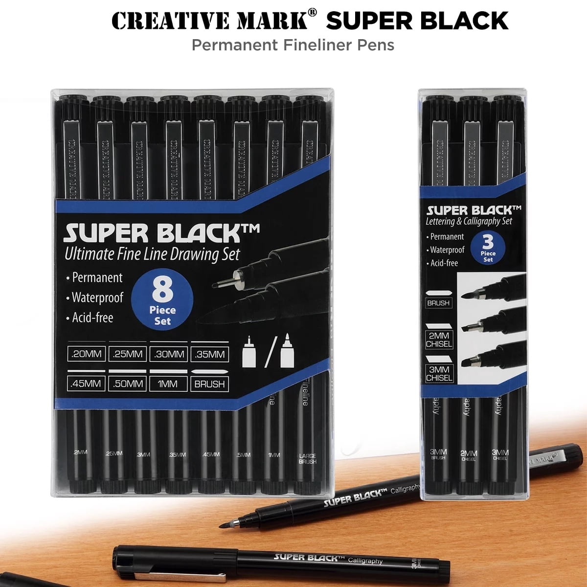 Super Black Permanent Fineliners Ultimate Line Drawing Set of 8 - 24 Pack