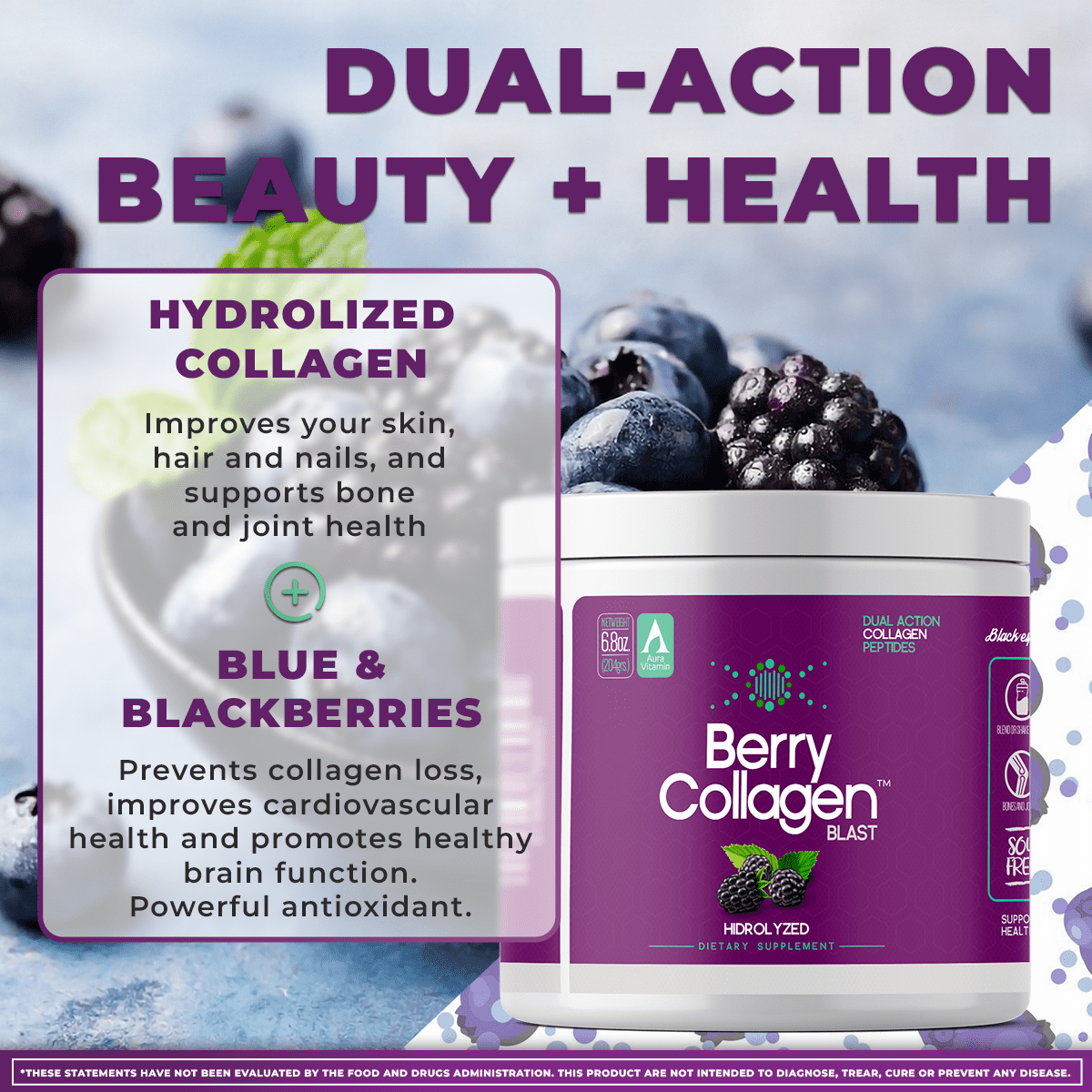 Berry Collagen Blast Powder Hydrolyzed (2) |Premium Blend Grass-fed - Soy Free | Dual Action Collagen Peptides | Support Bones and Joints | Blueberry & Blackberry | IGEN GMO - 204 Grams