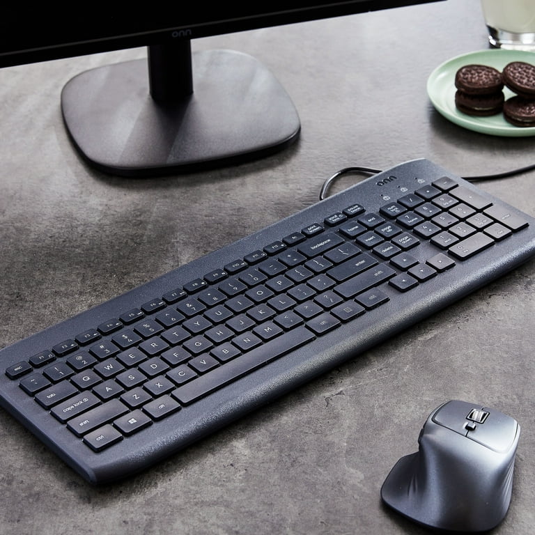 Onn+ USB Computer Keyboard with 104 Keys, 5 ft Cable, Windows and