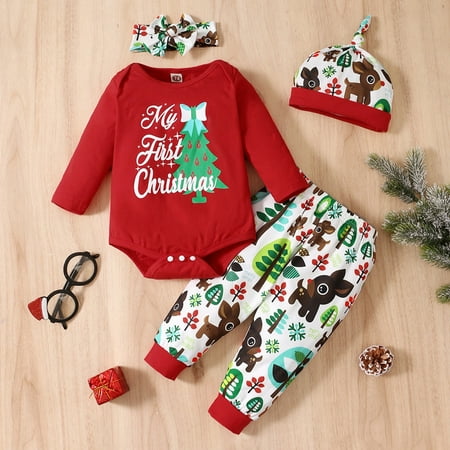 

MANHUJI Infant Boys Girls Long Sleeve Christmas Cartoon Deer Printed Romper Bodysuit Pants Headbands Hat Outfits 6T Girls Clothes Girls Winter Clothes Size 7 Girls Clothes (Red 68)
