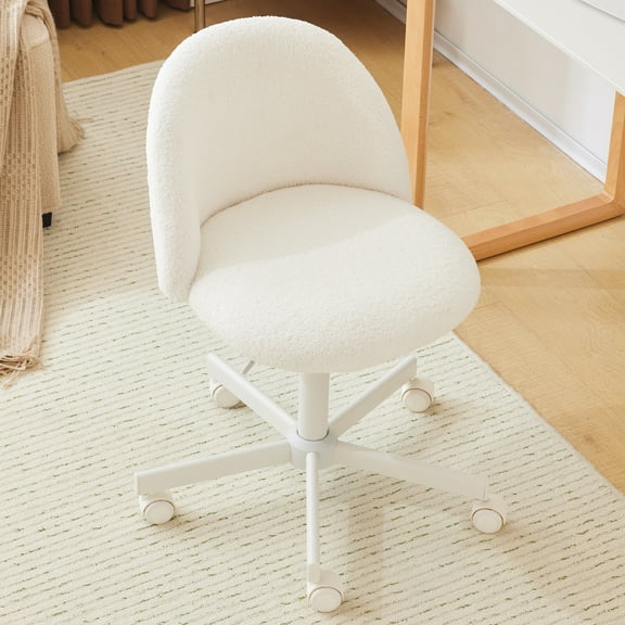 Ktaxon Armless Home Office Desk Chair Cute Mid Back Vanity Stool Teddy Velvet Swivel Task Chairs with Wheels White
