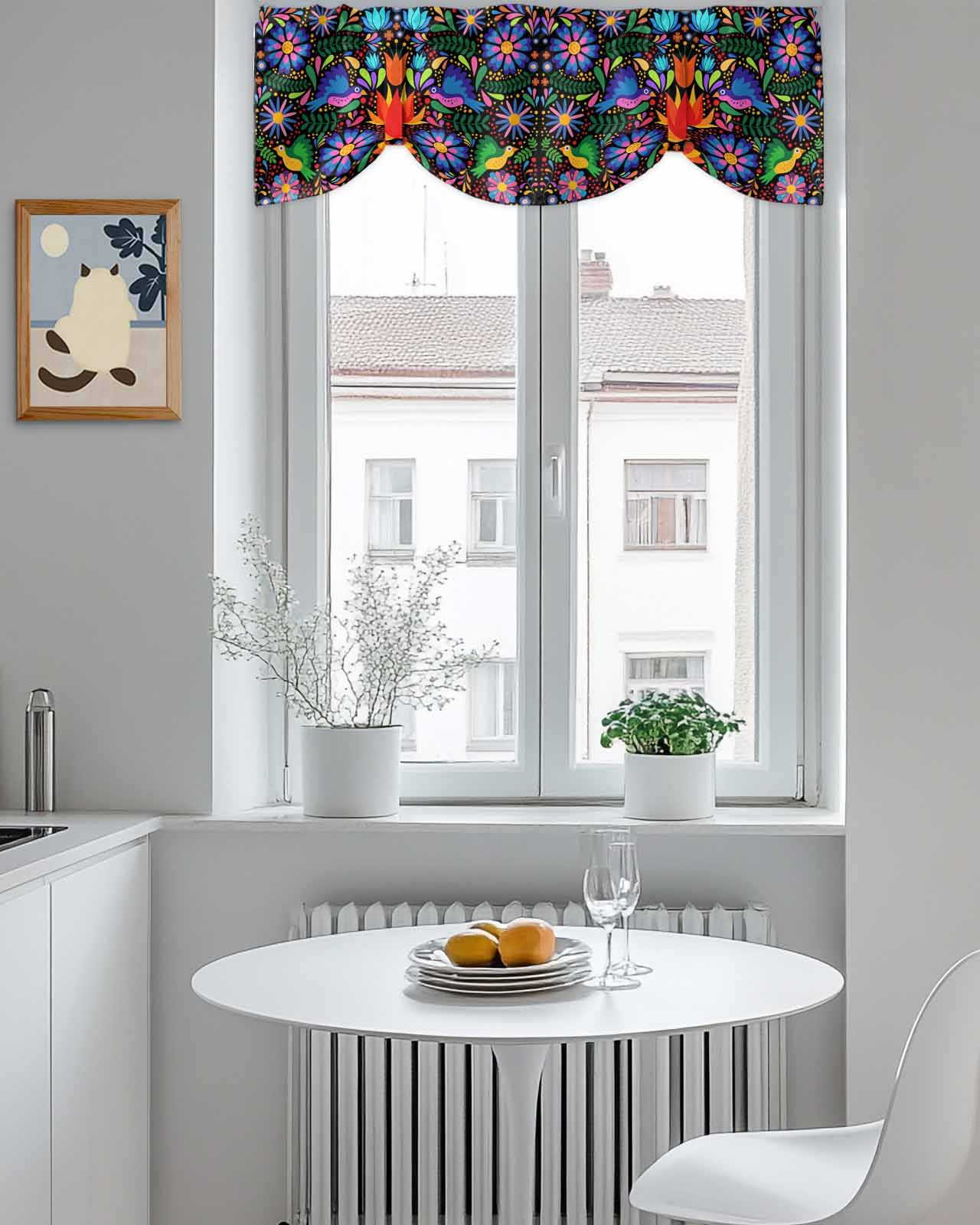 Colorful Mexican Floral Tie Up Valances Curtain, Adjustable Kitchen Bird Rustic Assorted Flower Valances for Windows Decor, Rod Pocket Short Curtains Set for Bedroom/Bathroom, 60"x18"
