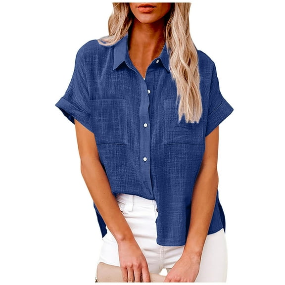 CQONEPT Cotton Linen Shirts for Women Plus Size Button Down Short Sleeve Tops Solid Tees with Pockets,Blue
