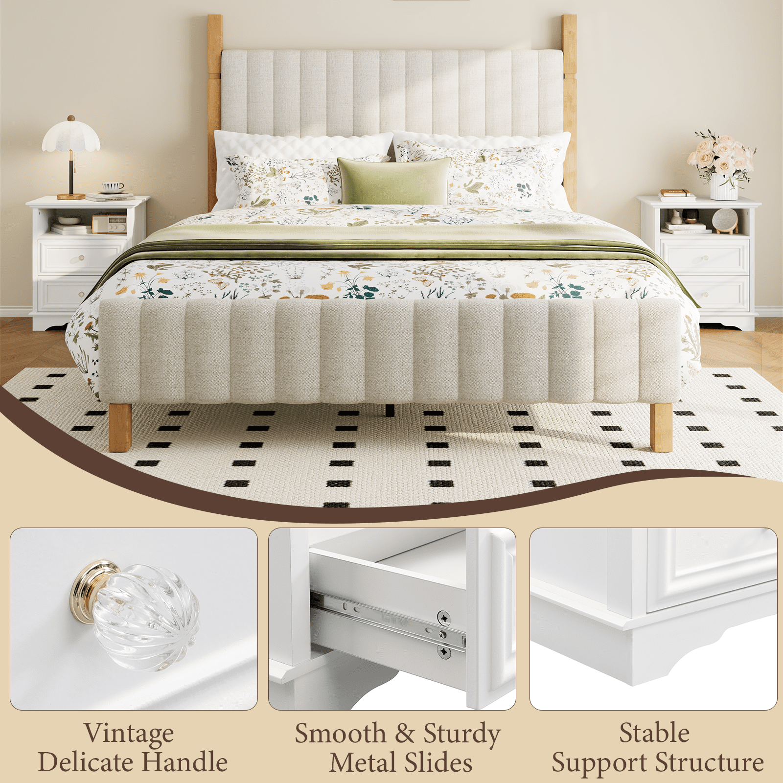 Brafabhome Set of 2 Nightstands with 2 Drawers, Mid-Century Bedside Table with Open Storage Shelf and Hidden Drawer for Bedroom Living Room | White
