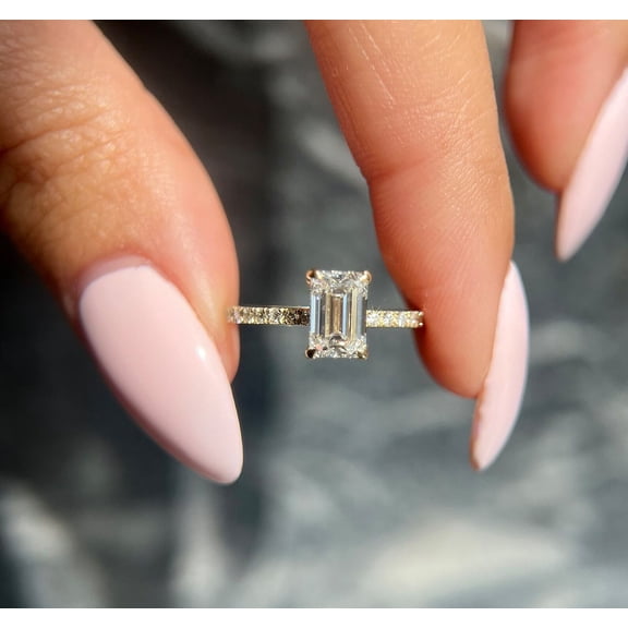 Jewelerix Classic 10K Vermeil Yellow Gold Ring, Emerald Cut Solitaire Moissanite Ring, Thin Pave Band Engagement Ring, Minimalist Elegant Bridal Jewelry, Anniversary Gift
