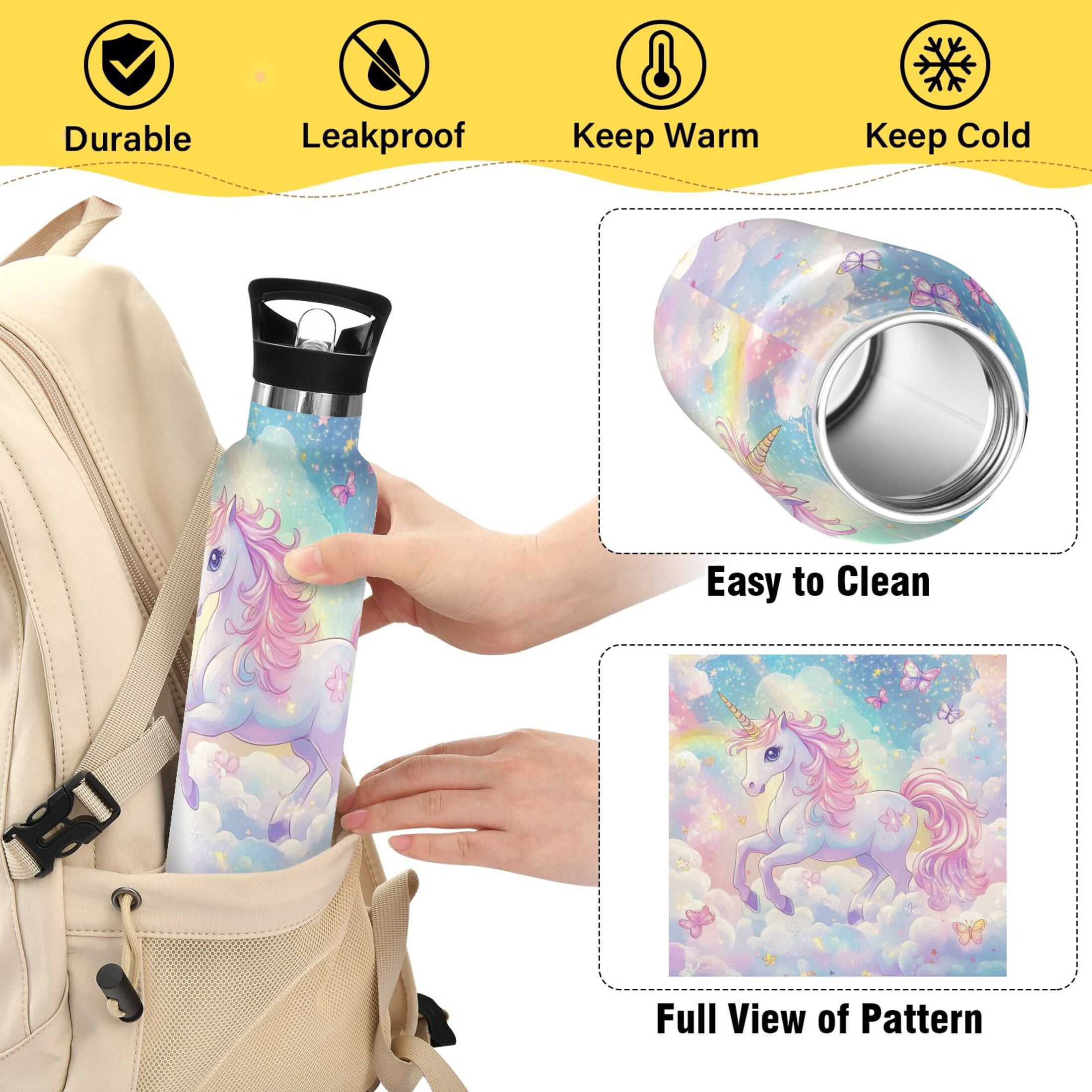 Kids Insulated Stainless Steel Sports Water Bottle 600ml (20oz) Rainbow Colors Unicorn