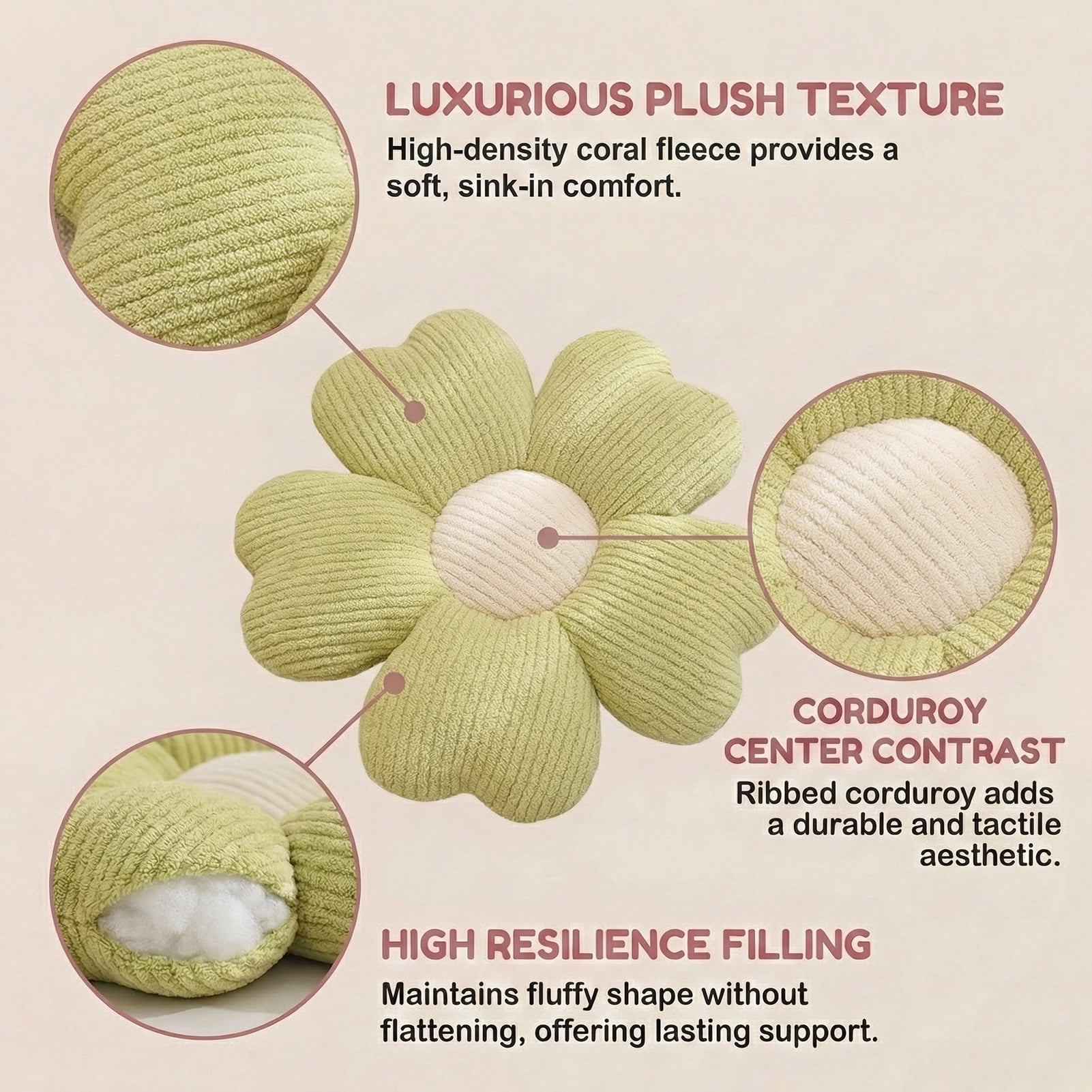 HonorHut 2 Pack Flower Shaped Throw Pillows Five Petal Flower Seating Cushions Cute Daisy Shaped Floor Cushion for Chair Couch & Room Decor White and Green