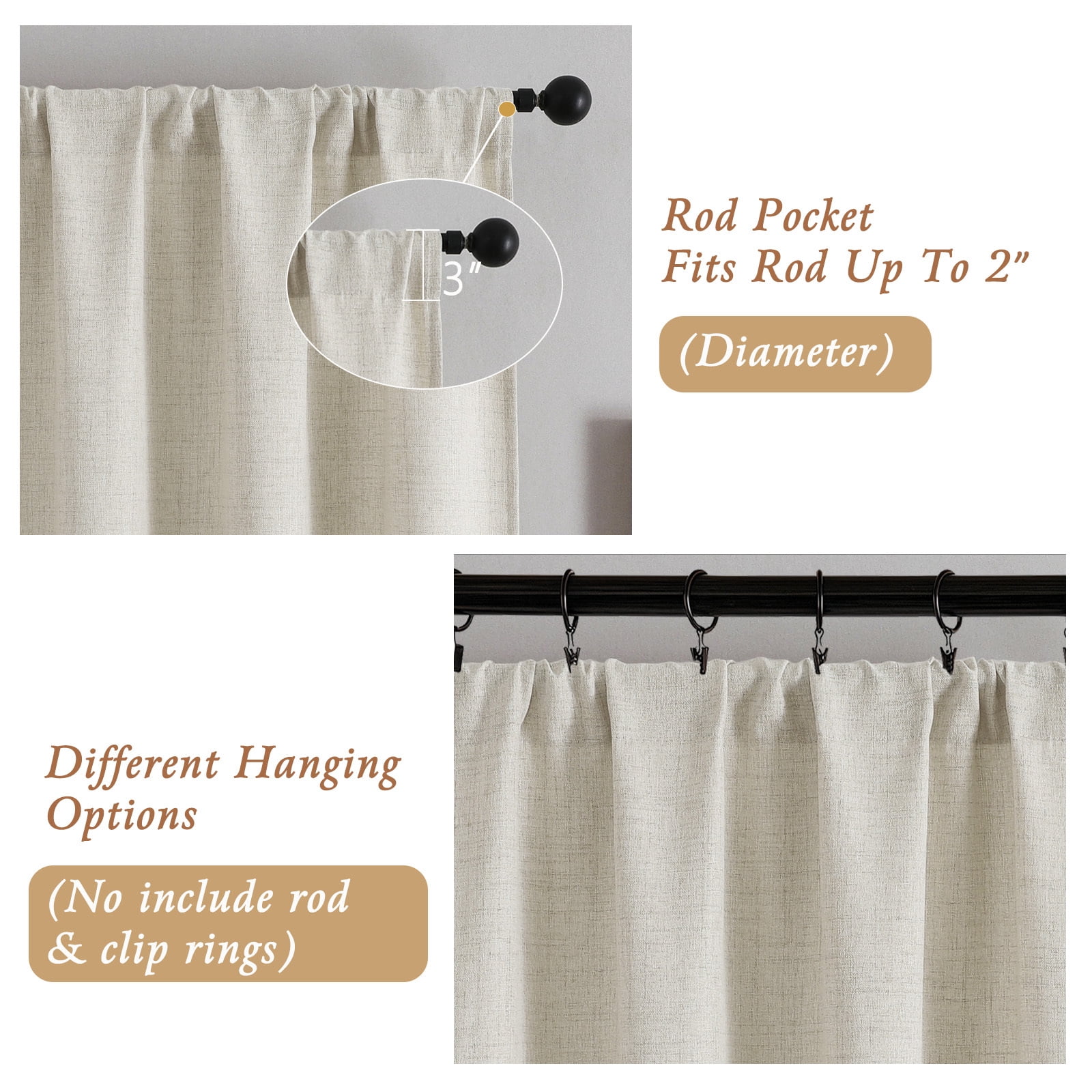 OVZME Judy Natural Curtains 90 Inch Length 2 Panels Set, Light Filtering Textured Farmhouse Window Curtain Drapes, Rod Pocket Style for Bedroom Living Room, Each 52Wx90L Inches, Natural