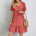 thumbnail image 6 of Women Mini Dress Summer Casual Solid V Neck Ruffles A-line Dress Female Fashion Holiday Boho Loose Beach Elegant Dresses Vestido, 6 of 10
