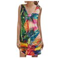 thumbnail image 1 of Robes de Plage pour Femmes Été Sans Manches Boho Imprimé Floral Robe Débardeur Froncée Décontractée Ample Col en V Mini Robe d'Été, 1 of 5