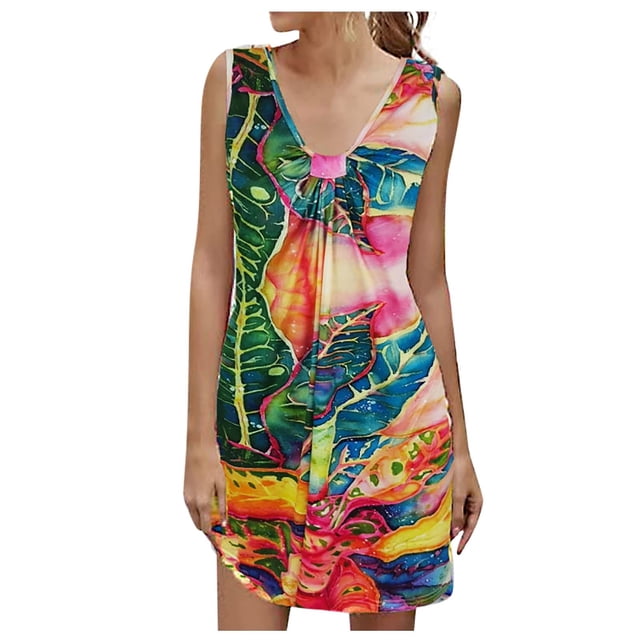 Robes de Plage pour Femmes Été Sans Manches Boho Imprimé Floral Robe Débardeur Froncée Décontractée Ample Col en V Mini Robe d'Été