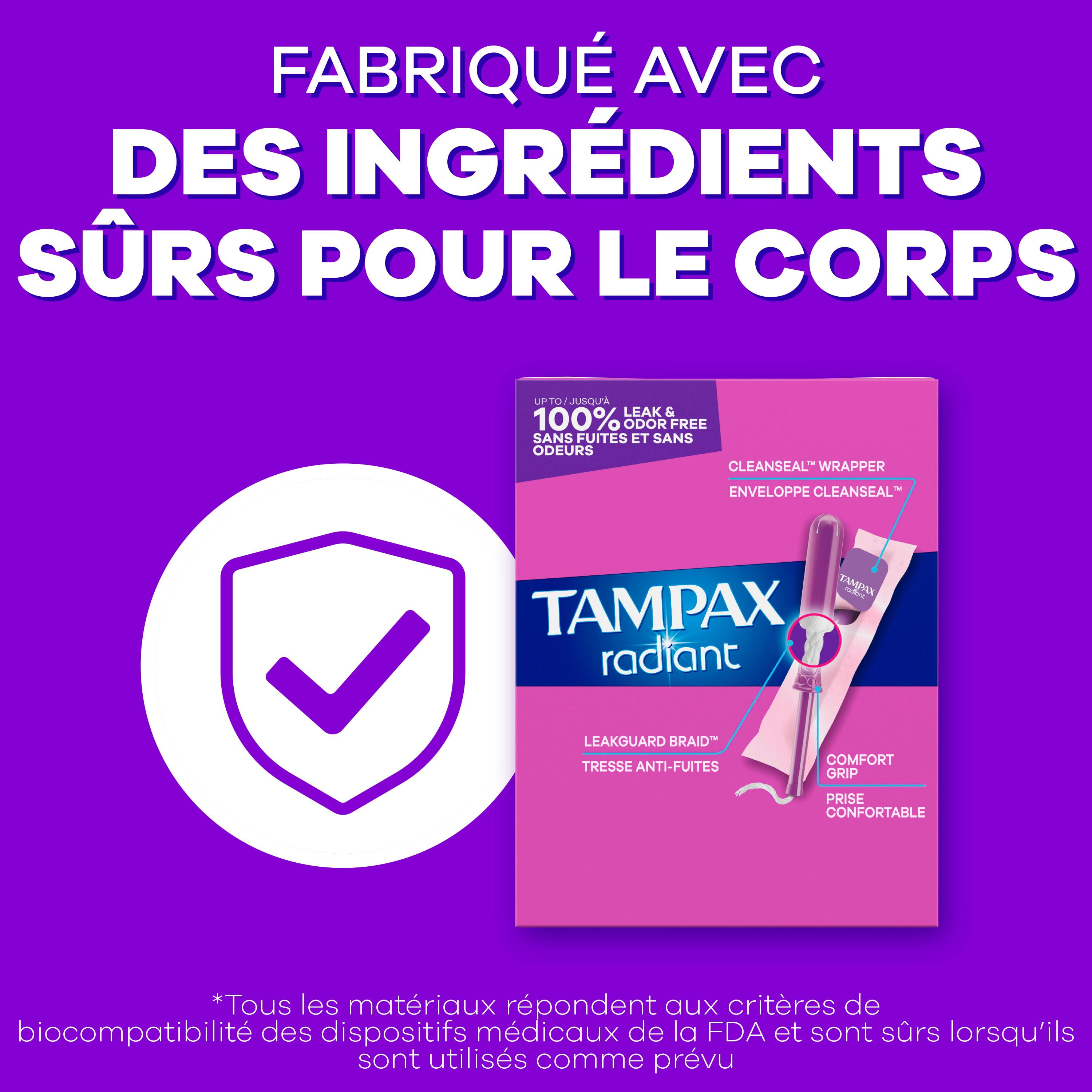 Tampons Tampax Radiant, avec tresse anti-fuites LeakGuard, degrés d’absorption régulier/super, emballage multiple, non parfumés, 28tampons 28 tampons