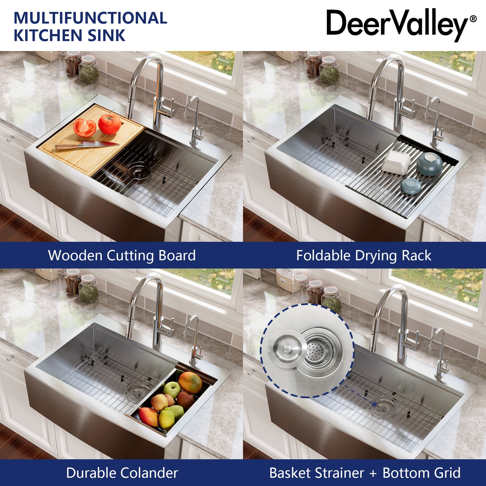 Silver Grey Stainless Steel Rectangular 30 in. Single Bowl Farmhouse Apron Workstation Kitchen Sink with Accessories